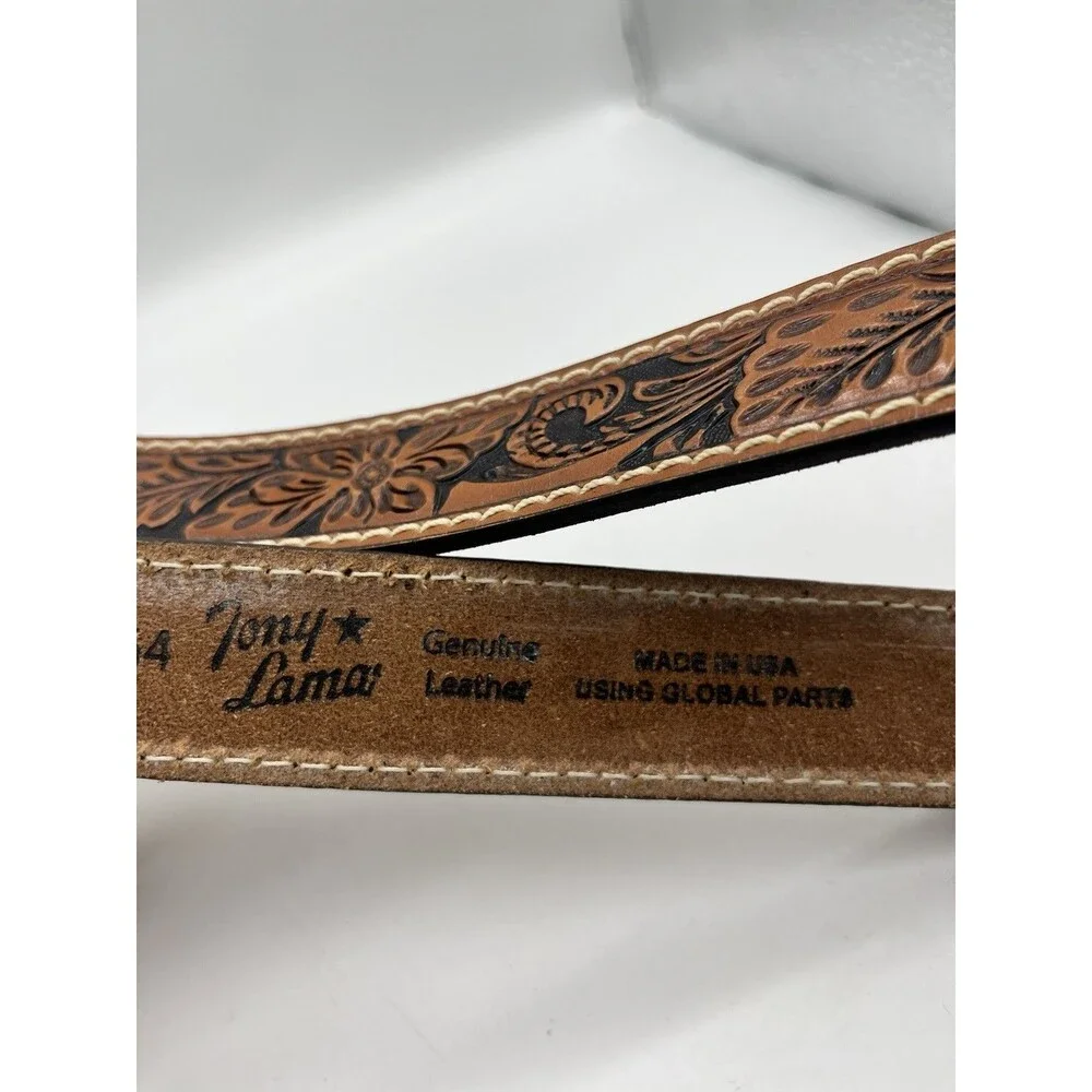 Tony Lama Tooled Floral Leather Mens Western Belt Size 38 Brown Silver C40064